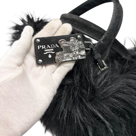 PRADA Vintage Faux Fur Fabric Tote Bag Black Silver Charm Triangle Logo [106226] - Picture 11 of 15
